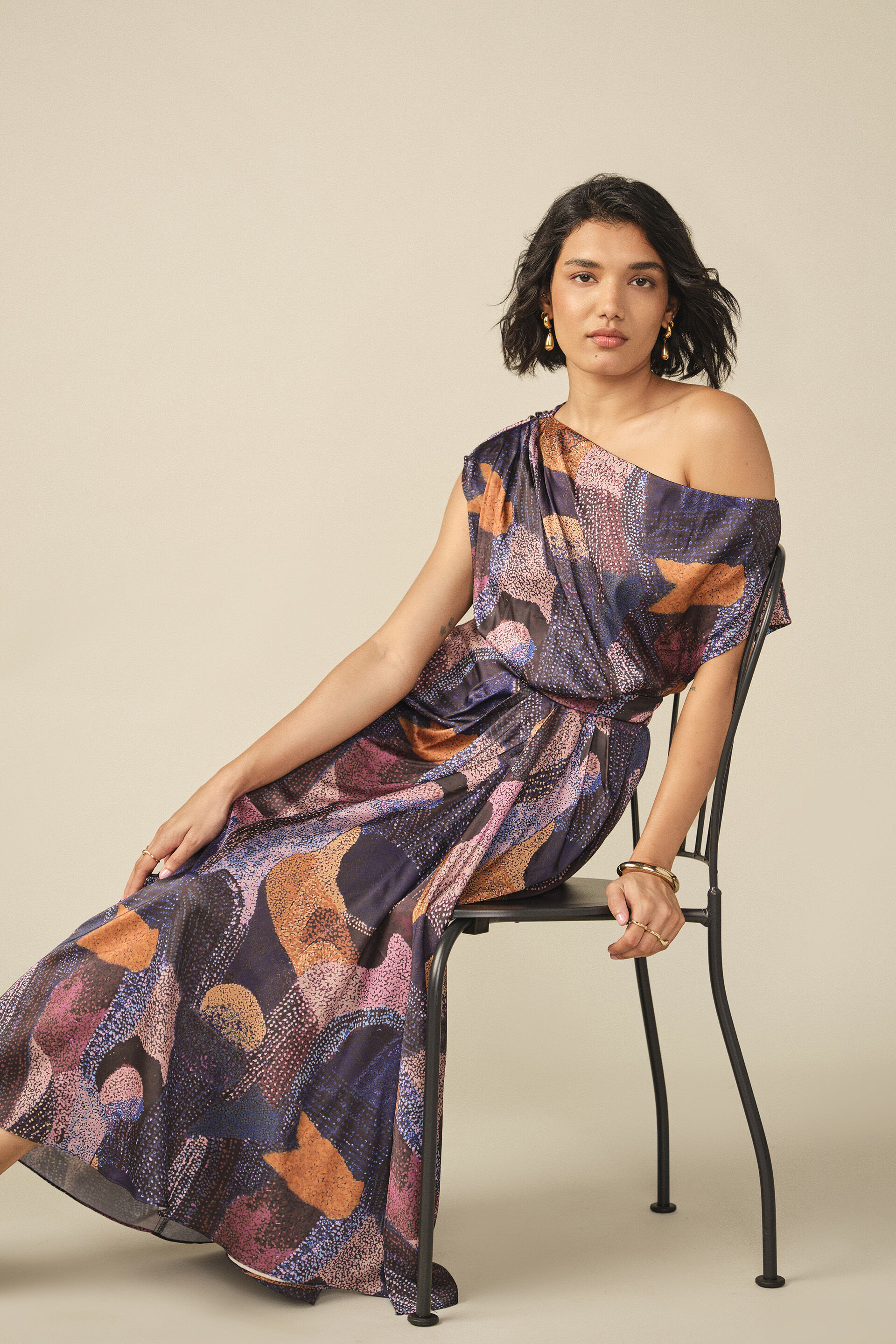 Abstract Print Draped Dress in Navy, Blue, image 3